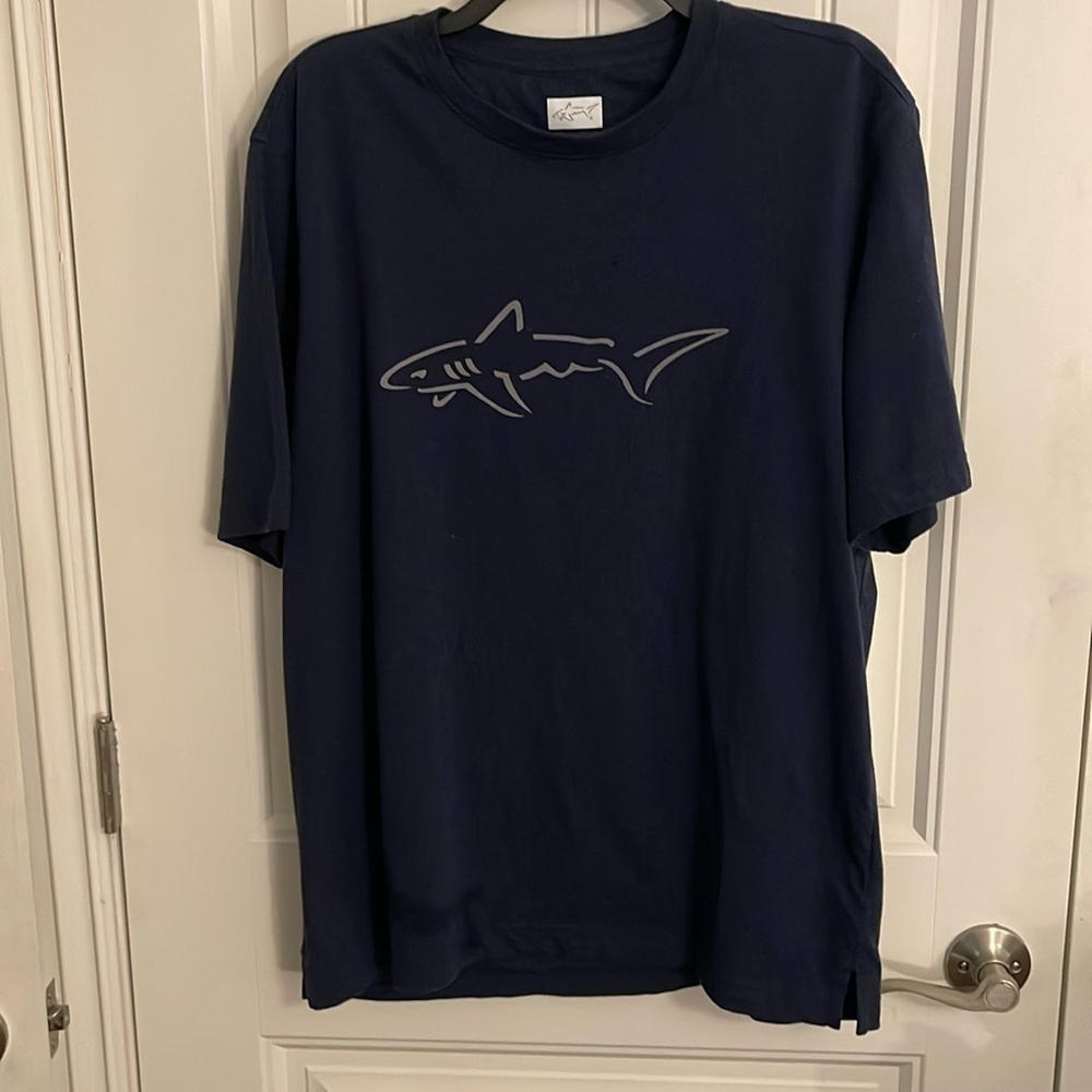 Greg Norman Men’s Sz L Short SleeveTee Navy w/silver Shark Print . Golf shirt